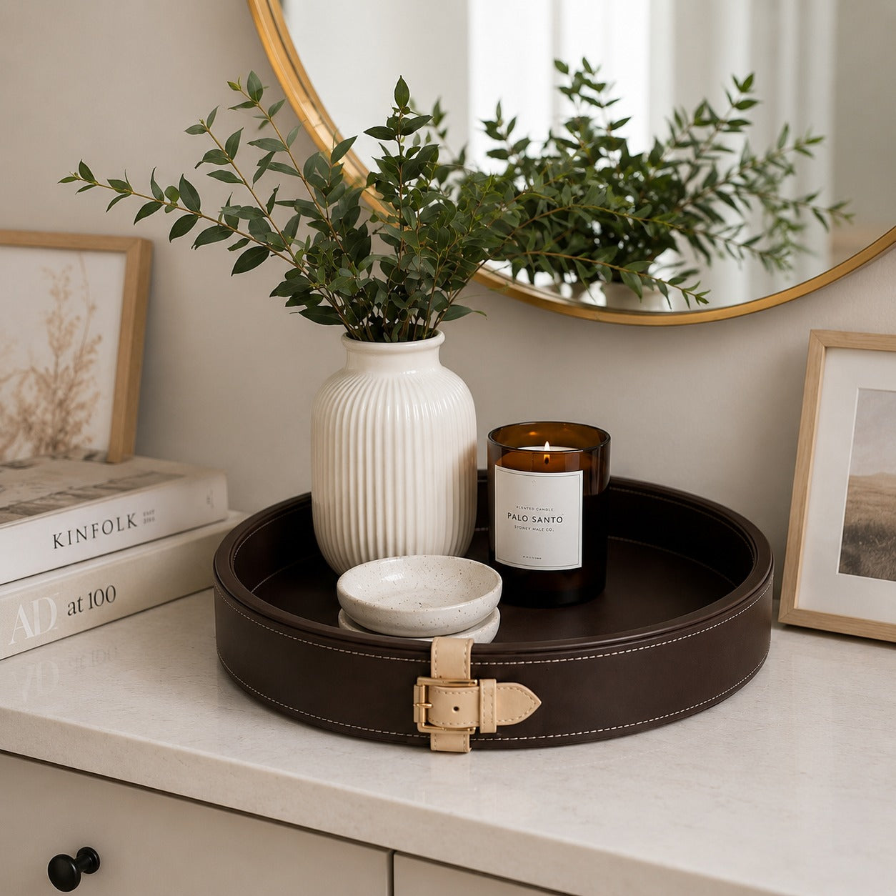 Round Faux Leather Tray, Decorative Coffee Table Tray, Ottoman Organizer, Modern Serving Tray, Vanity Display Tray, Luxury Home Decor