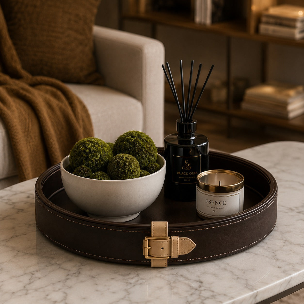 Round Faux Leather Tray, Decorative Coffee Table Tray, Ottoman Organizer, Modern Serving Tray, Vanity Display Tray, Luxury Home Decor