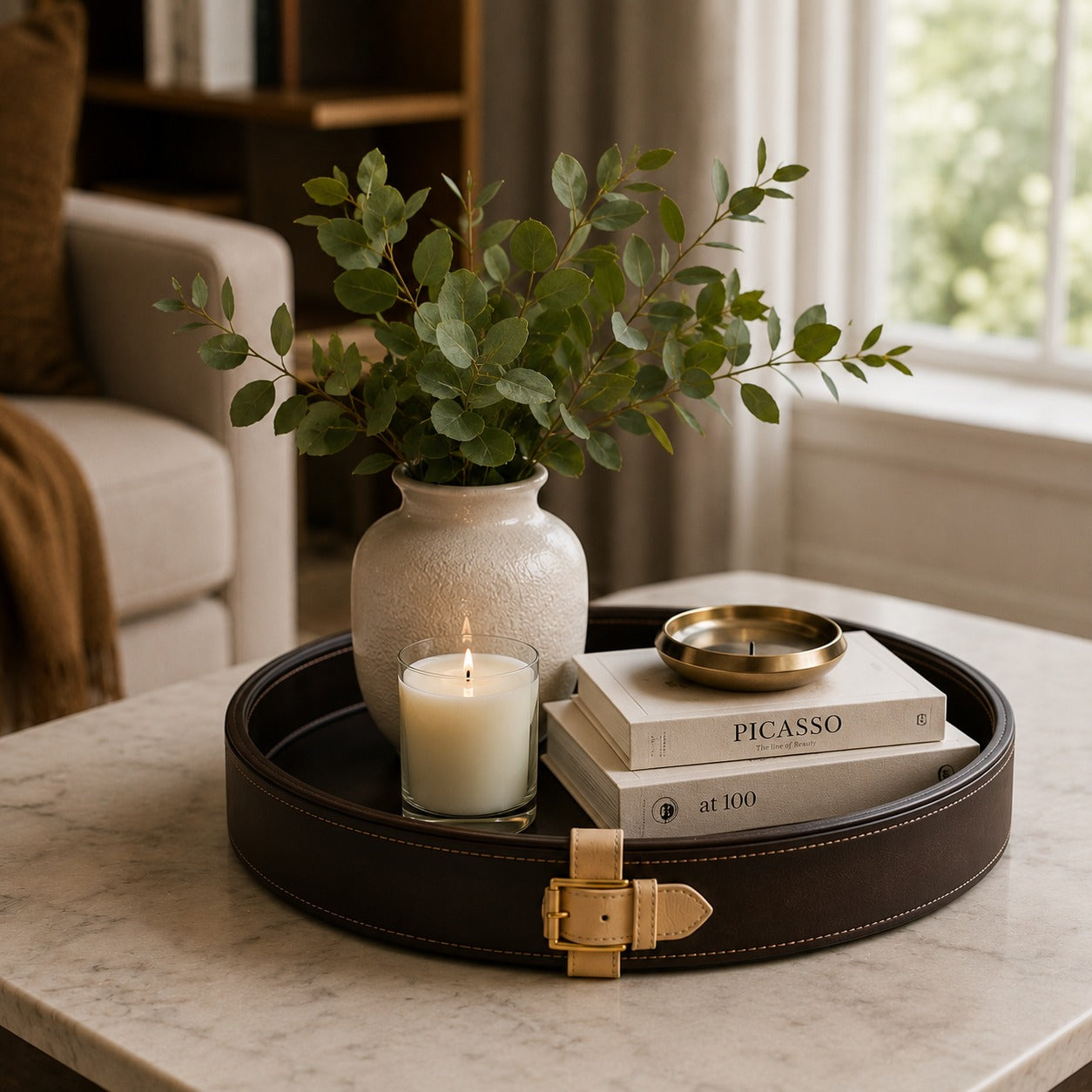 Round Faux Leather Tray, Decorative Coffee Table Tray, Ottoman Organizer, Modern Serving Tray, Vanity Display Tray, Luxury Home Decor