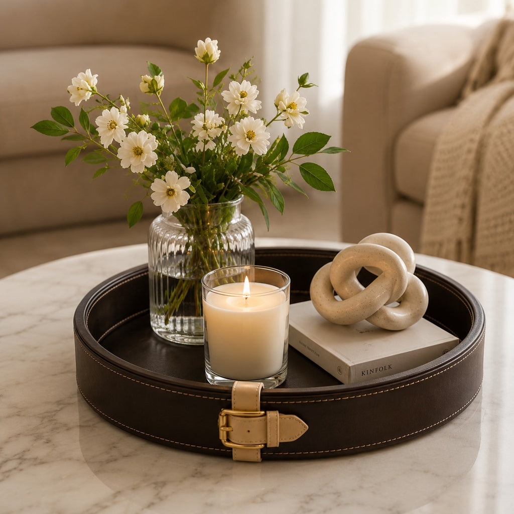 Round Faux Leather Tray, Decorative Coffee Table Tray, Ottoman Organizer, Modern Serving Tray, Vanity Display Tray, Luxury Home Decor